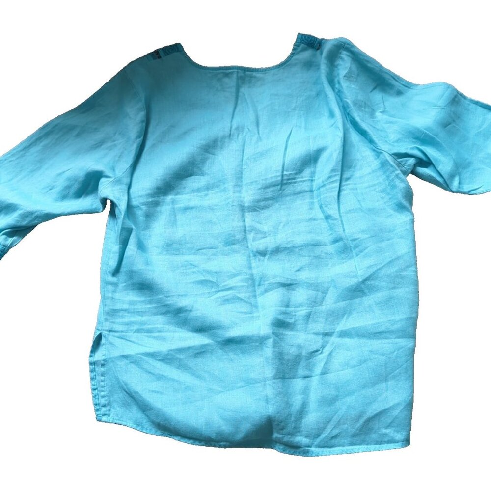 Silk Land Woman 100% Linen Top Tunic Turquoise Crochet Mesh Trim Size 1X-lp43 - Picture 5 of 11